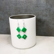 Load image into Gallery viewer, Green and Silver Double Diamond with Swarovski Crystal Dangle Earrings
