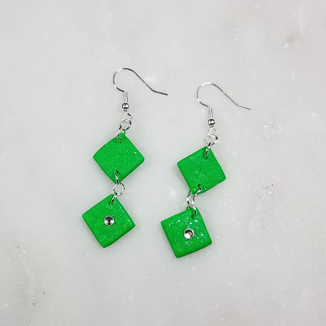 Green and Silver Double Diamond with Swarovski Crystal Dangle Earrings