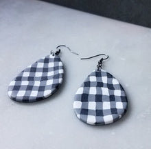 Load image into Gallery viewer, White Buffalo Plaid Polymer Clay Large Teardrop Dangle Earrings

