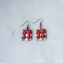 Load image into Gallery viewer, White Buffalo Plaid &amp; Long Red Bow Polymer Clay Square Dangle Earrings
