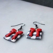 Load image into Gallery viewer, White Buffalo Plaid &amp; Long Red Bow Polymer Clay Square Dangle Handmade Earrings
