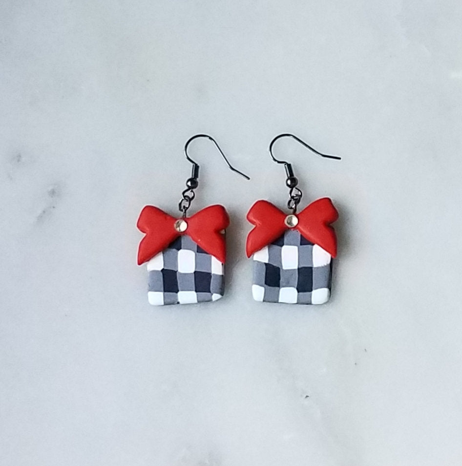White Buffalo Plaid & Red Bow Polymer Clay Square Dangle Earrings