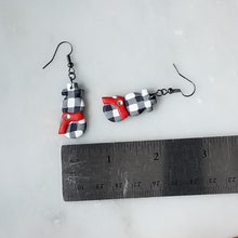 Load image into Gallery viewer, White Buffalo Plaid &amp; Snowman with Red Scarf Polymer Clay Dangle Earrings
