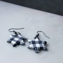 Load image into Gallery viewer, White Buffalo Plaid Polymer Clay Snowflake Dangle Handmade Earrings
