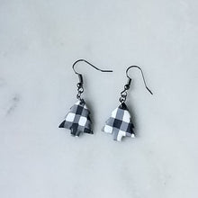 Load image into Gallery viewer, White Buffalo Plaid Polymer Clay Christmas Tree Dangle Earrings

