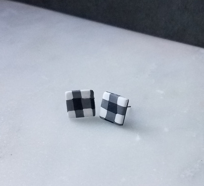 White Buffalo Plaid Polymer Clay Square Post Earring