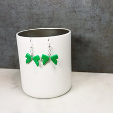 Load image into Gallery viewer, Green and Silver Christmas Bow with Swarovski Crystal Dangle Handmade Earrings
