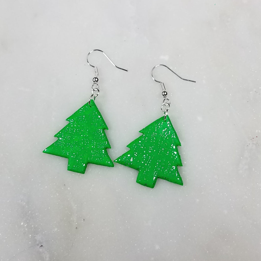 Green and Silver Christmas Tree Medium Dangle Earrings