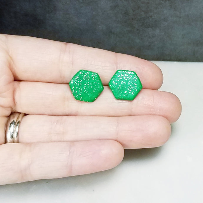 Green and Silver Hexagon Post Handmade Earrings