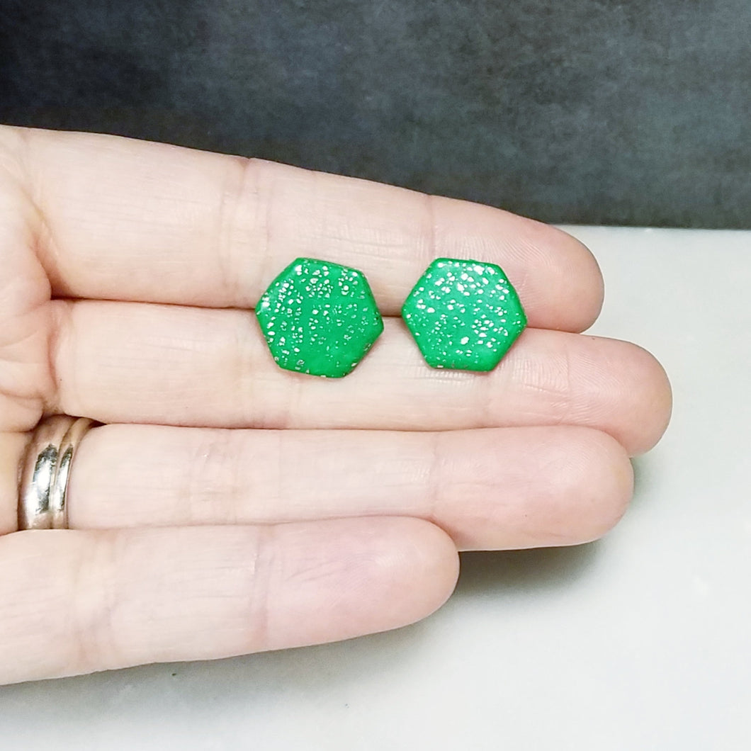 Green and Silver Hexagon Post Earrings