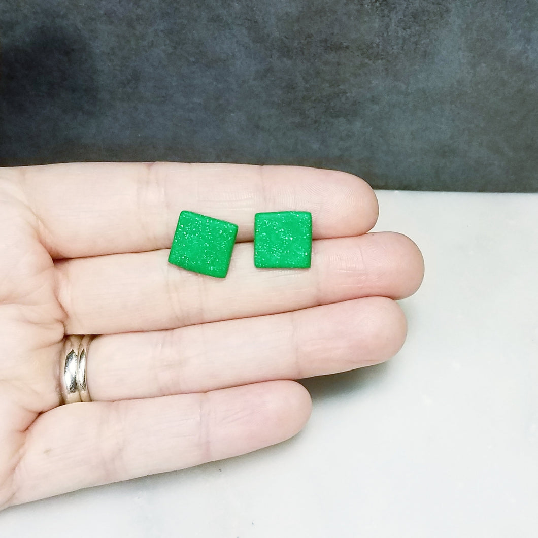 Green and Silver Square Post Earrings