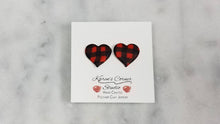 Load image into Gallery viewer, Red and Black Buffalo Plaid Heart post/stud polymer clay earrings

