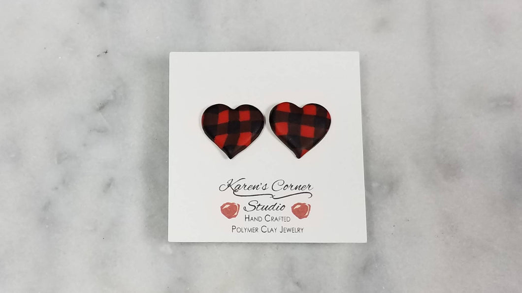 Red and Black Buffalo Plaid Heart post/stud polymer clay earrings