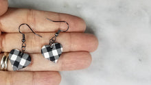 Load image into Gallery viewer, White and Black Buffalo Plaid Polymer Clay Heart Valentines Dangle Earrings
