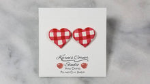 Load image into Gallery viewer, Red and white buffalo plaid heart post/stud earrings
