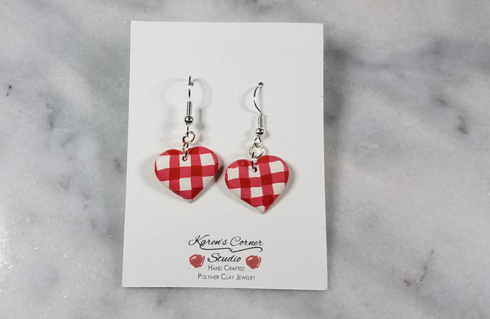 Red and White Buffalo Plaid Polymer Clay Heart Valentines Dangle Handmade Earrings