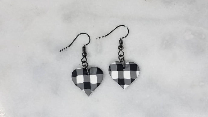 White and Black Buffalo Plaid Polymer Clay Heart Valentines Dangle Handmade Earrings