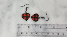 Load image into Gallery viewer, Red and Black Buffalo Plaid Polymer Clay Heart Valentines Dangle Earrings
